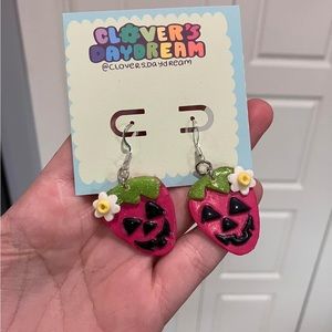 Jack o lantern strawberries on silver plated hooks earrings Halloweens